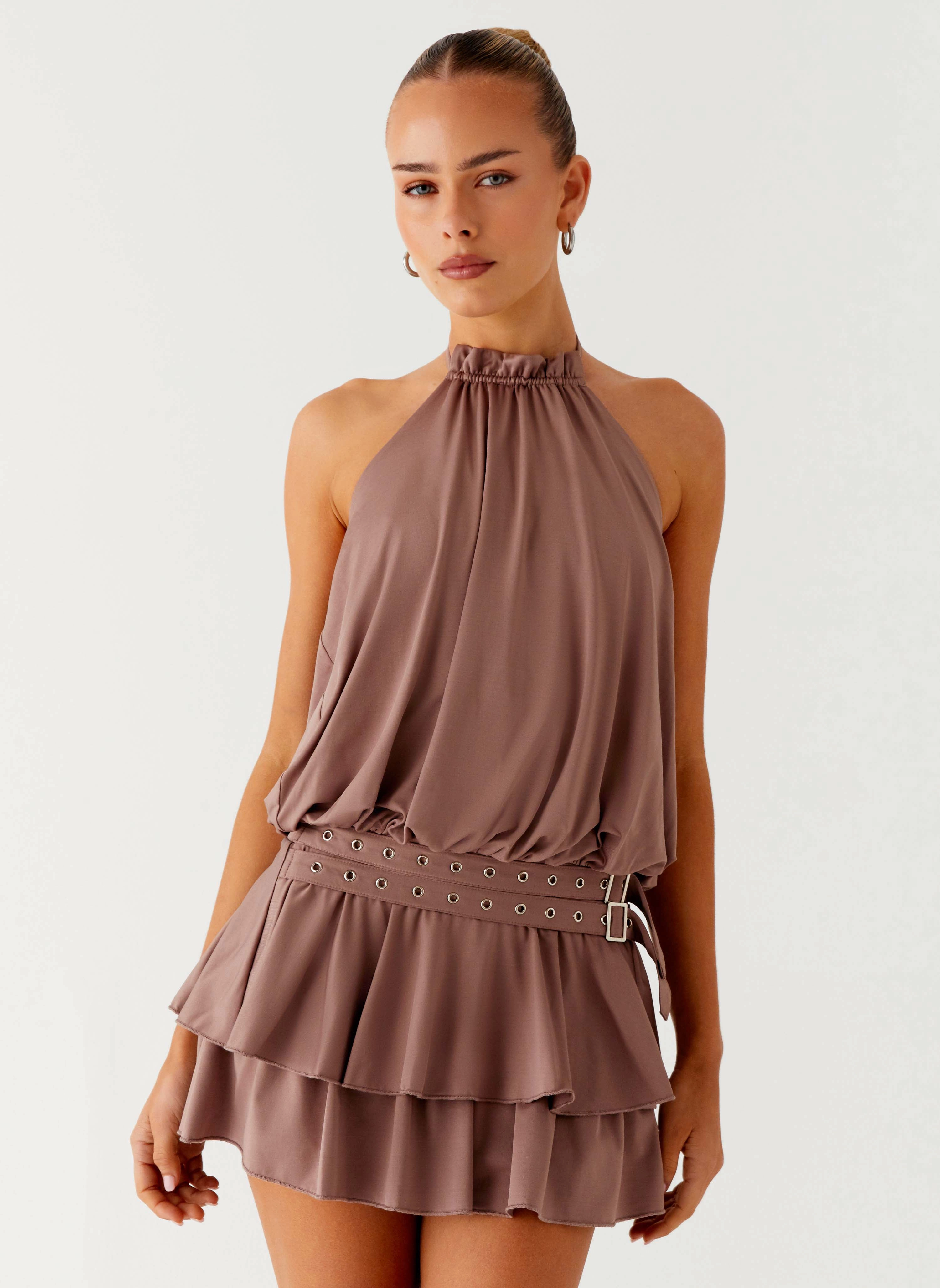 Dopamine Belt Mini Dress - Taupe Lounge Texture Lightweight Fabric
