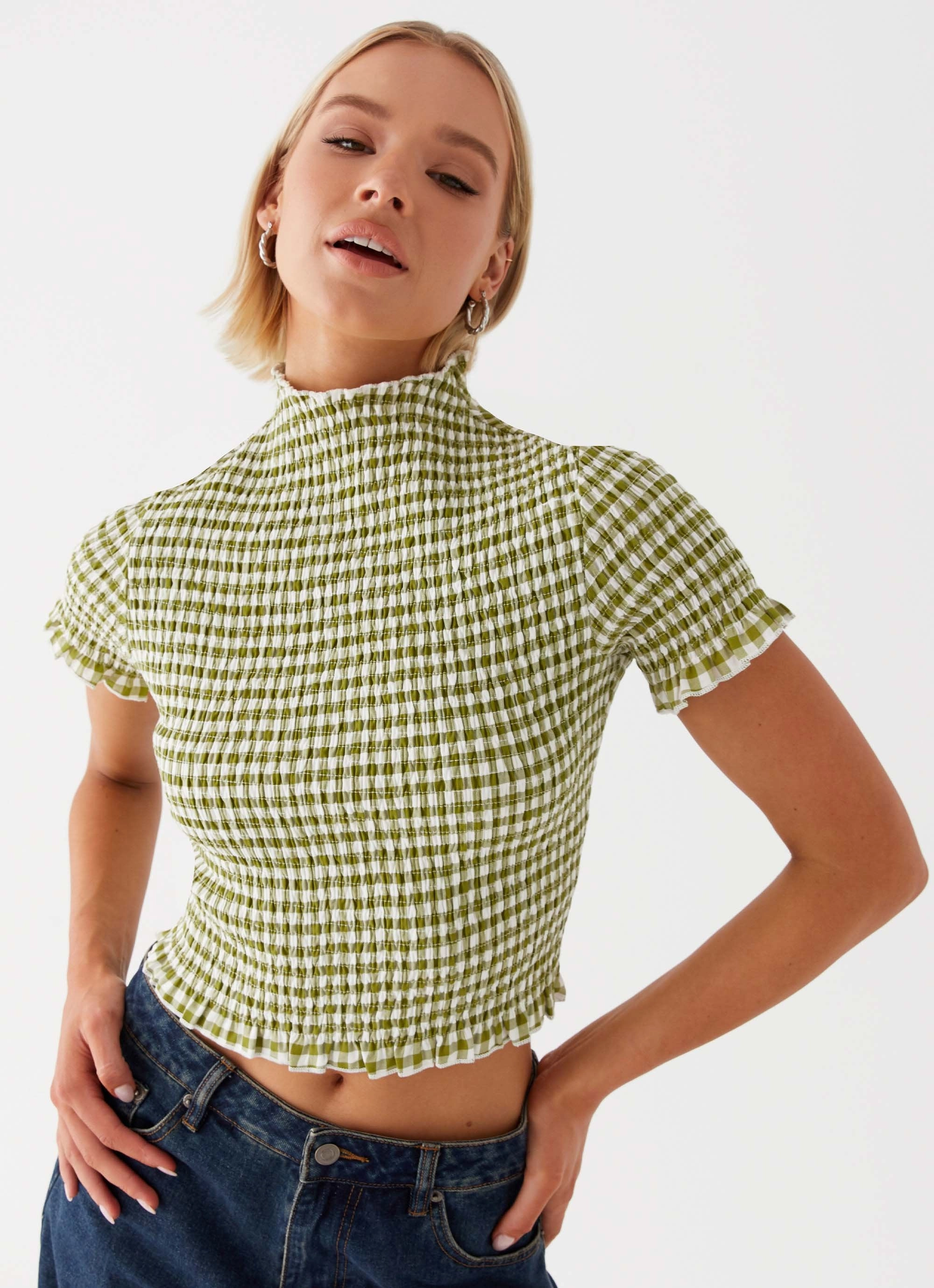 Cleo Tee - Khaki Gingham Casual Style