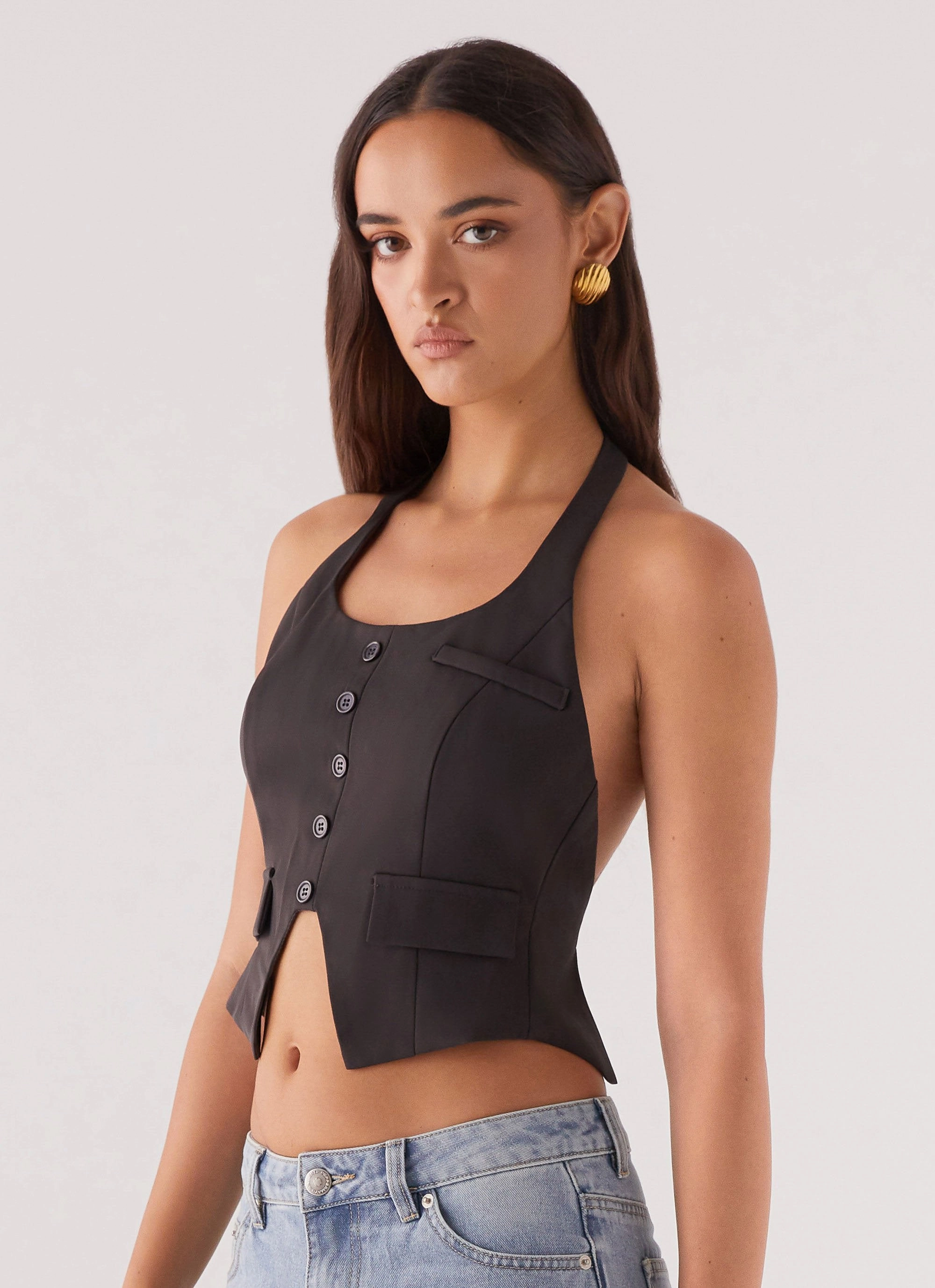 Kendra Backless Vest - Black VNeckline