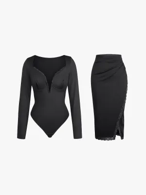 Shapewear Sculpting Lace Trim Bodysuit Midi Wrap Skirt Set ribbed texture Tension Balanced Design