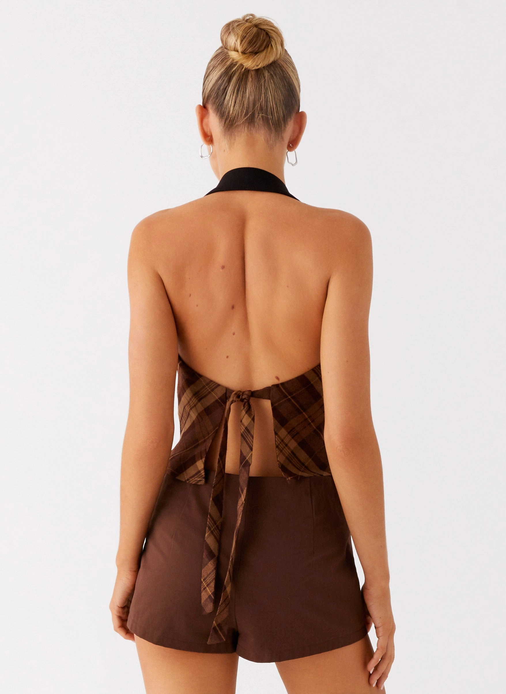 Stateside Cowl Top - Plaid Layered Placket Design Office Wear