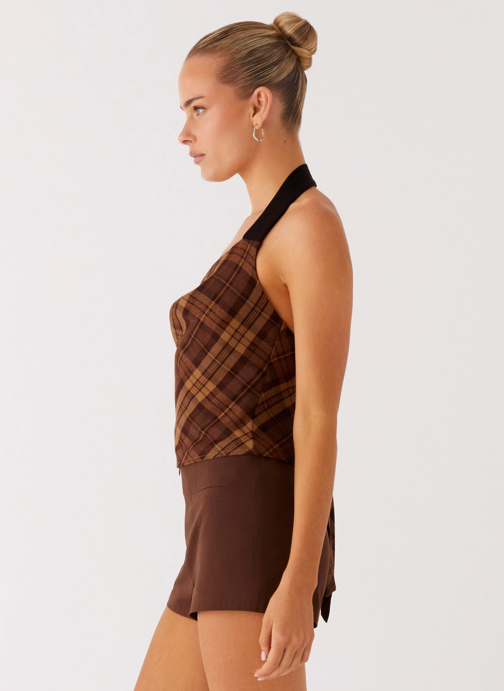 V Neck Design Stateside Cowl Top - Plaid