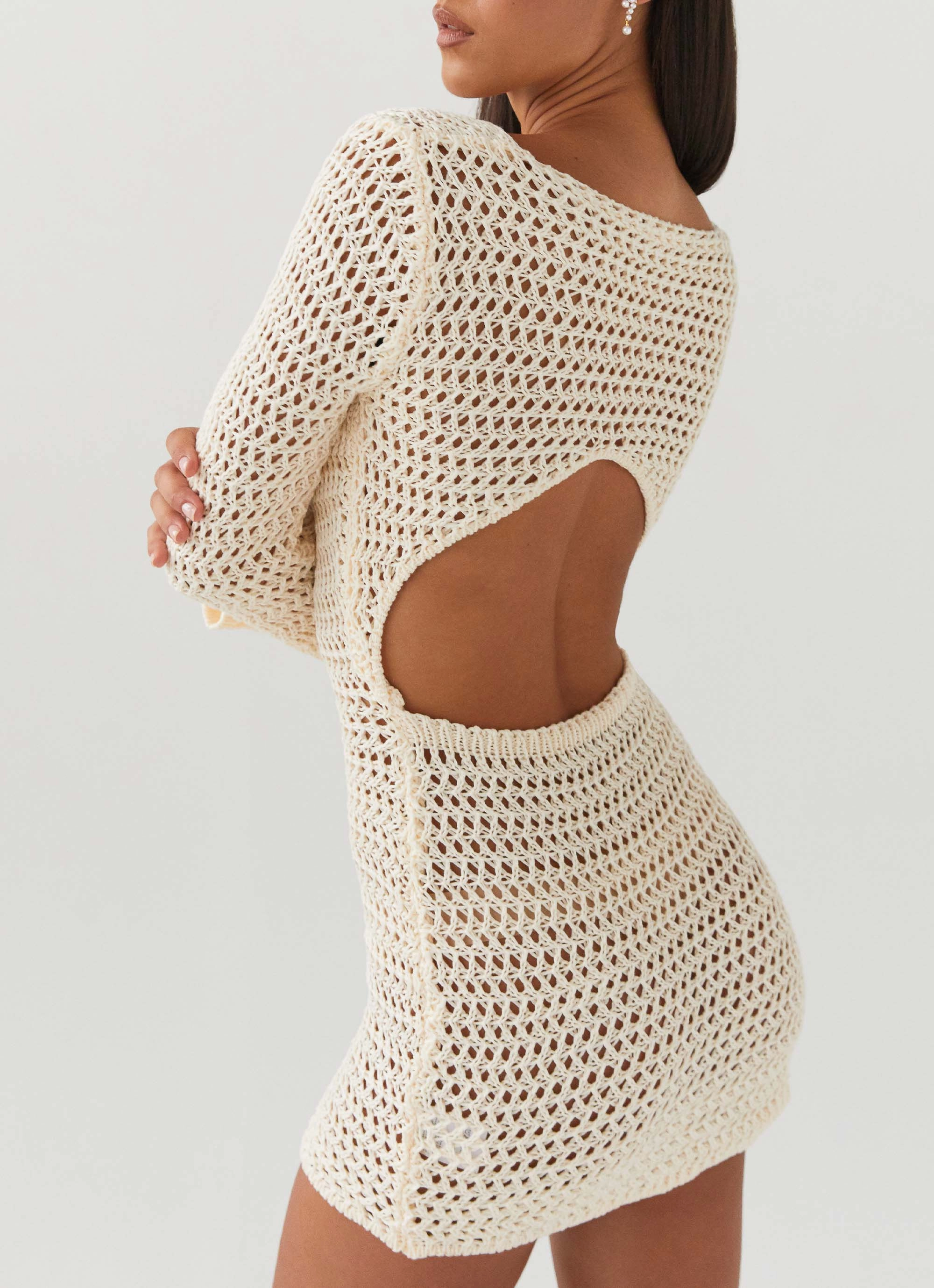 Down For The Ride Crochet Mini Dress - Ivory Bodycon Fit