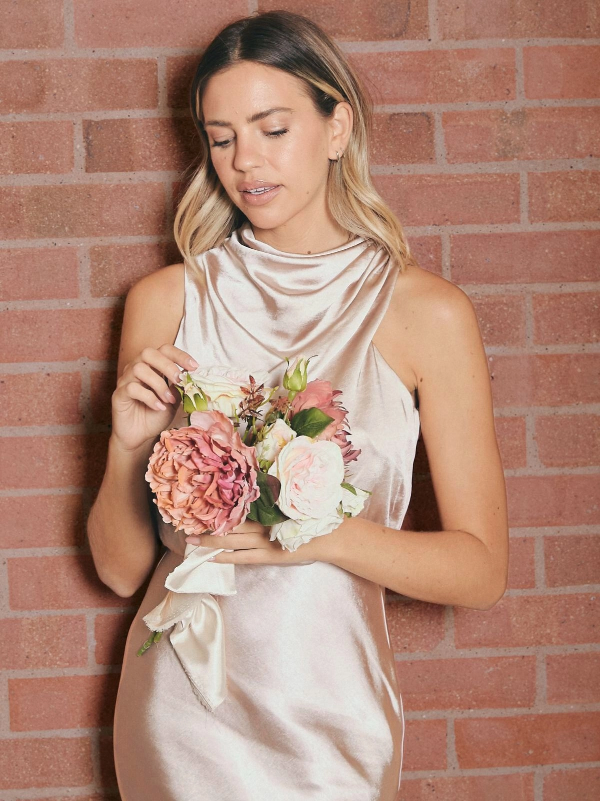 Contemporary Design Simple yet sophisticated gown Drape Neck Maxi Satin Dress / Champagne