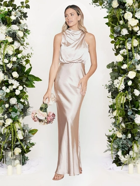 Slit-Hem Drape Neck Maxi Satin Dress / Champagne