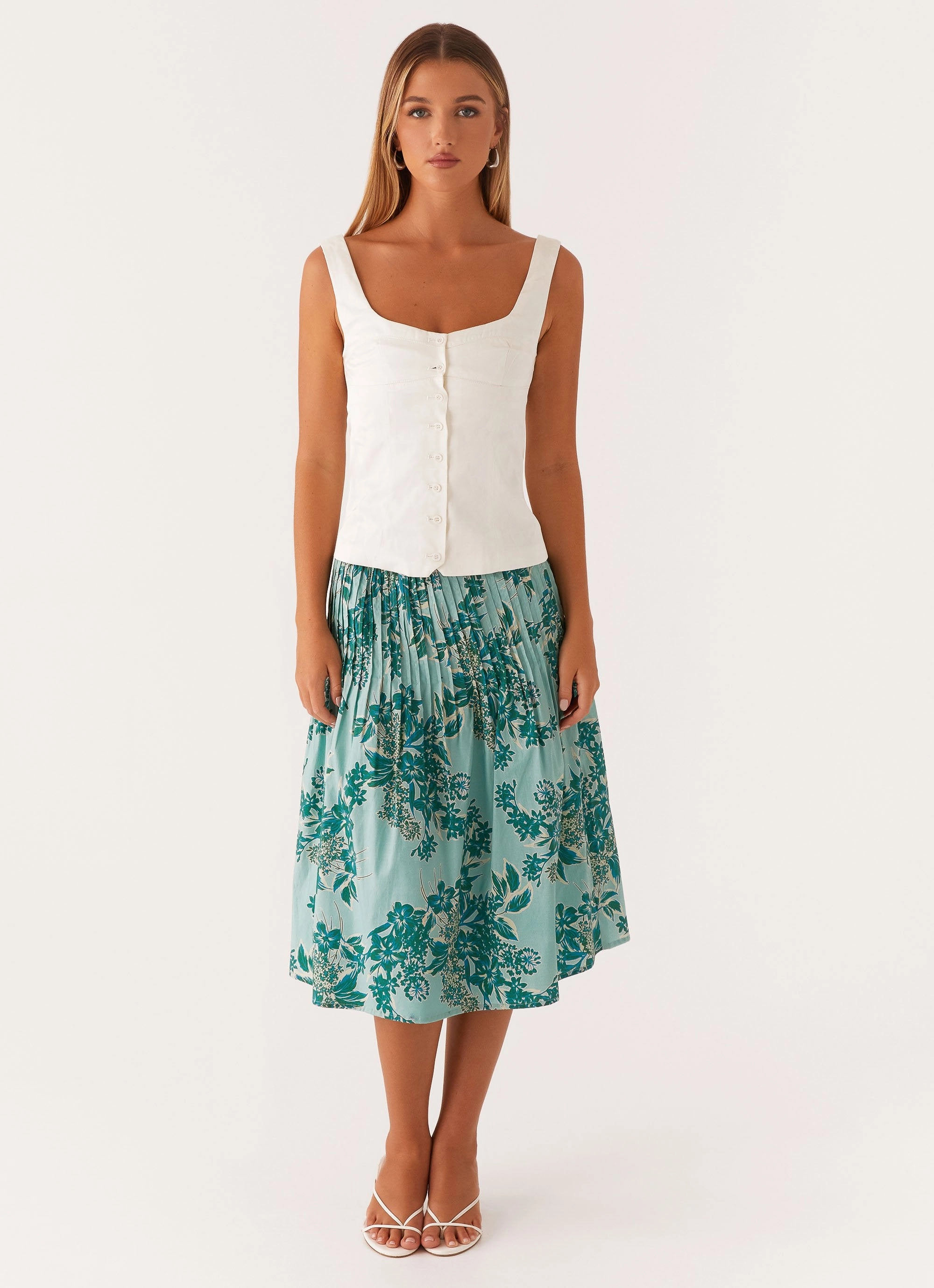 Dreamscape Midi Skirt - Cloud Nine Floral Heritage Inspired Detail Focus