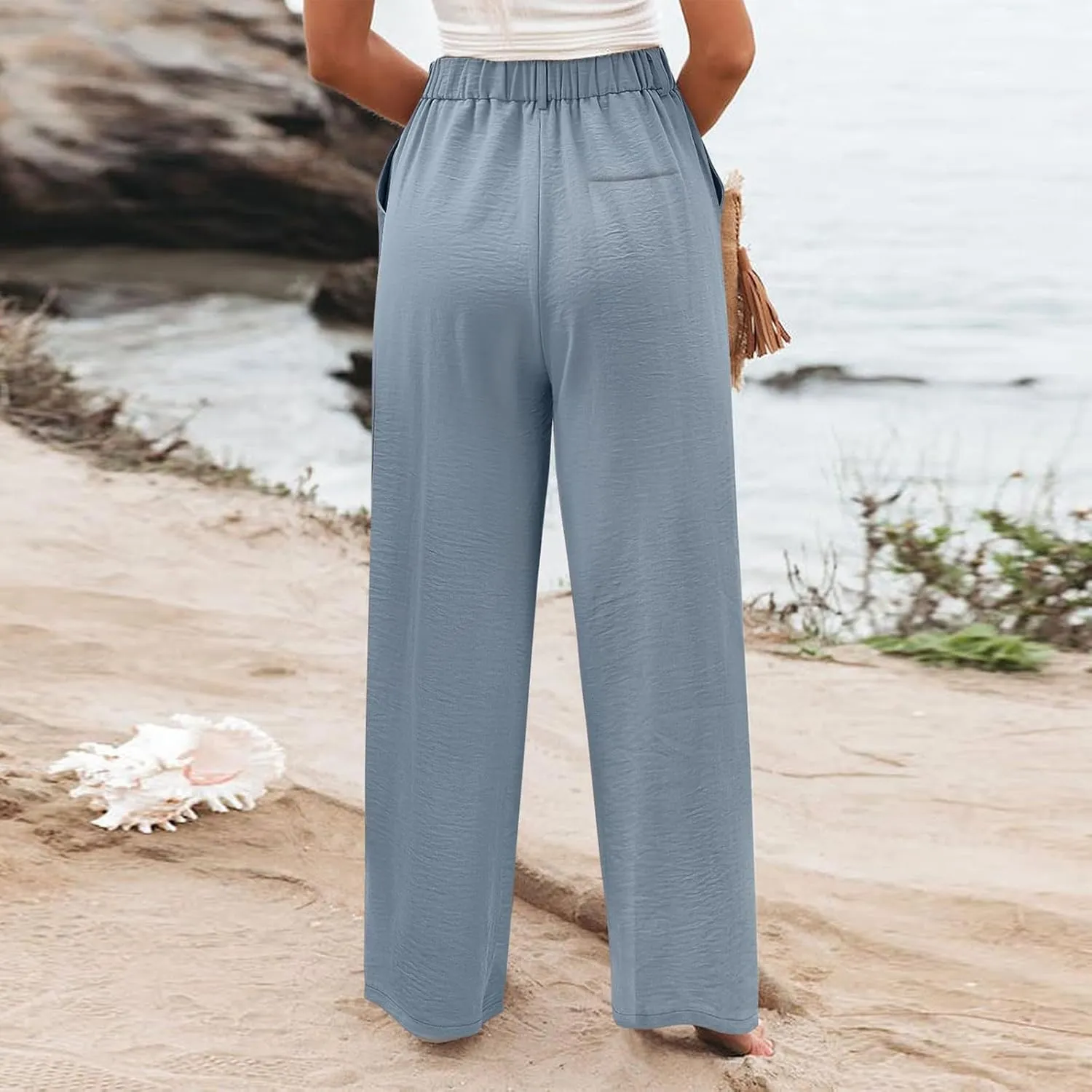 Dress Pants Women Linen Business Casual Elastic High Waisted Palazzo Pants Summer Baggy Beach Pants with Pockets