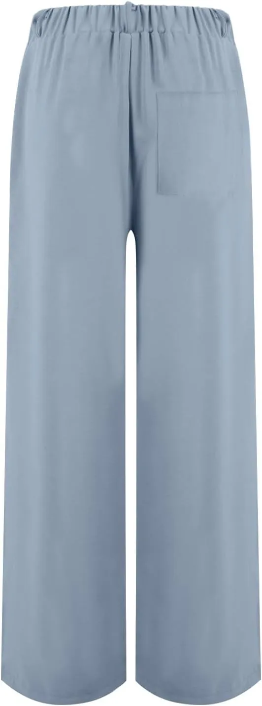 Dress Pants Women Linen Business Casual Elastic High Waisted Palazzo Pants Summer Baggy Beach Pants with Pockets