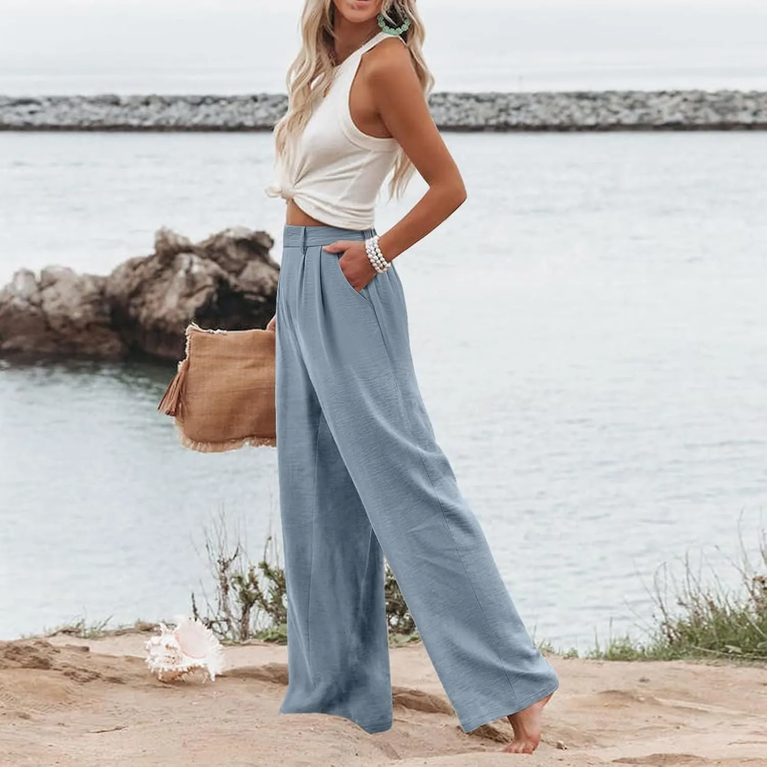 Dress Pants Women Linen Business Casual Elastic High Waisted Palazzo Pants Summer Baggy Beach Pants with Pockets