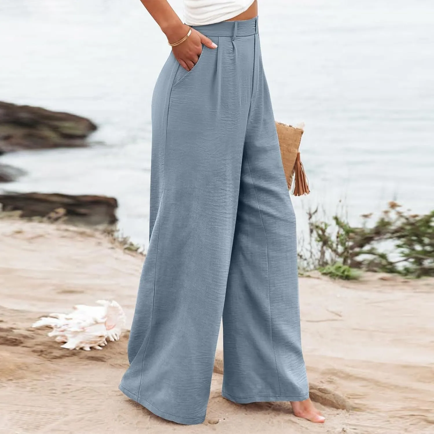 Dress Pants Women Linen Business Casual Elastic High Waisted Palazzo Pants Summer Baggy Beach Pants with Pockets