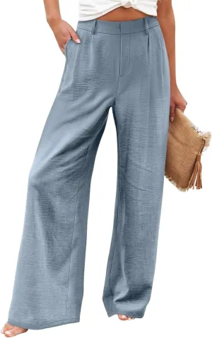 Dress Pants Women Linen Business Casual Elastic High Waisted Palazzo Pants Summer Baggy Beach Pants with Pockets