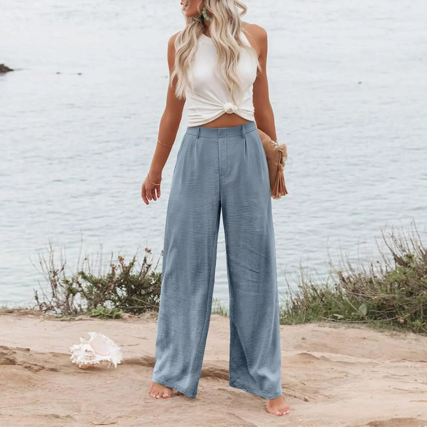 Dress Pants Women Linen Business Casual Elastic High Waisted Palazzo Pants Summer Baggy Beach Pants with Pockets