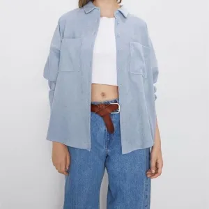 DressBetty - Women Fashion Corduroy With Pockets Loose Asymmetrical Blouses Vintage Long Sleeve Button-up Female Shirts Streetwear