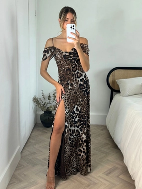 Travel Staple Style focused Tasmin Cold Shoulder Maxi Dress in Animal