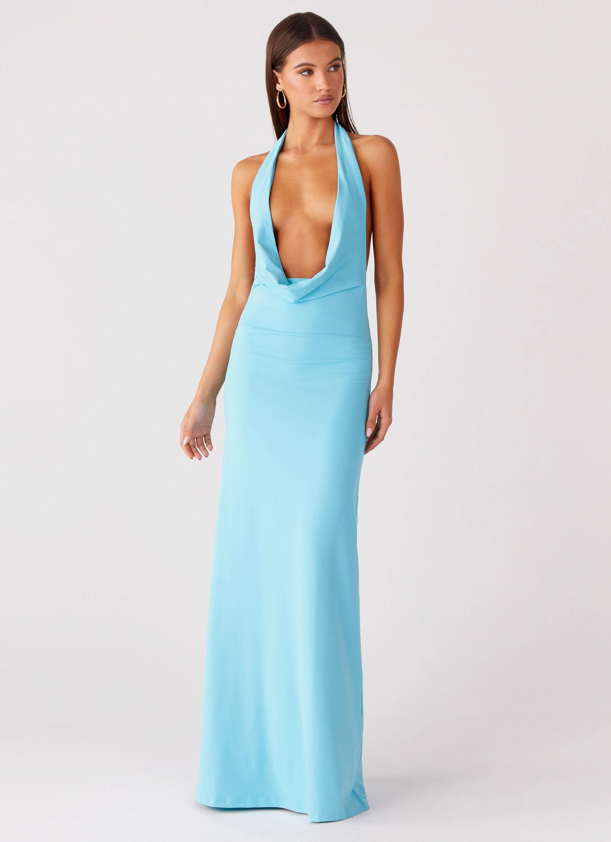 Invisible-Zip LayeredHemline Driftwood Cowl Maxi Dress - Turquoise