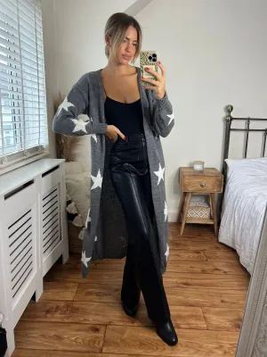 Winter Outfit Kaia Star Print Long Cardigan / Grey & White