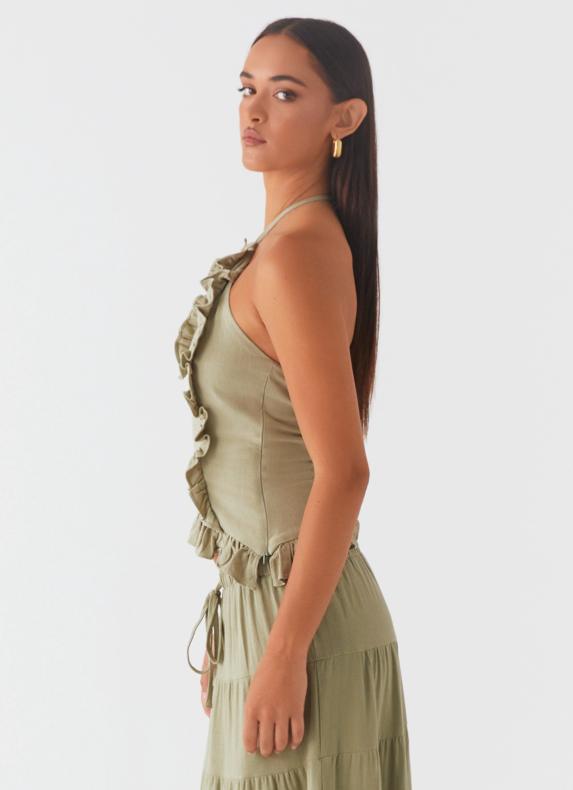 Mariella Linen Top - Sage NonIrritatingStitching Ribbed Collar Design