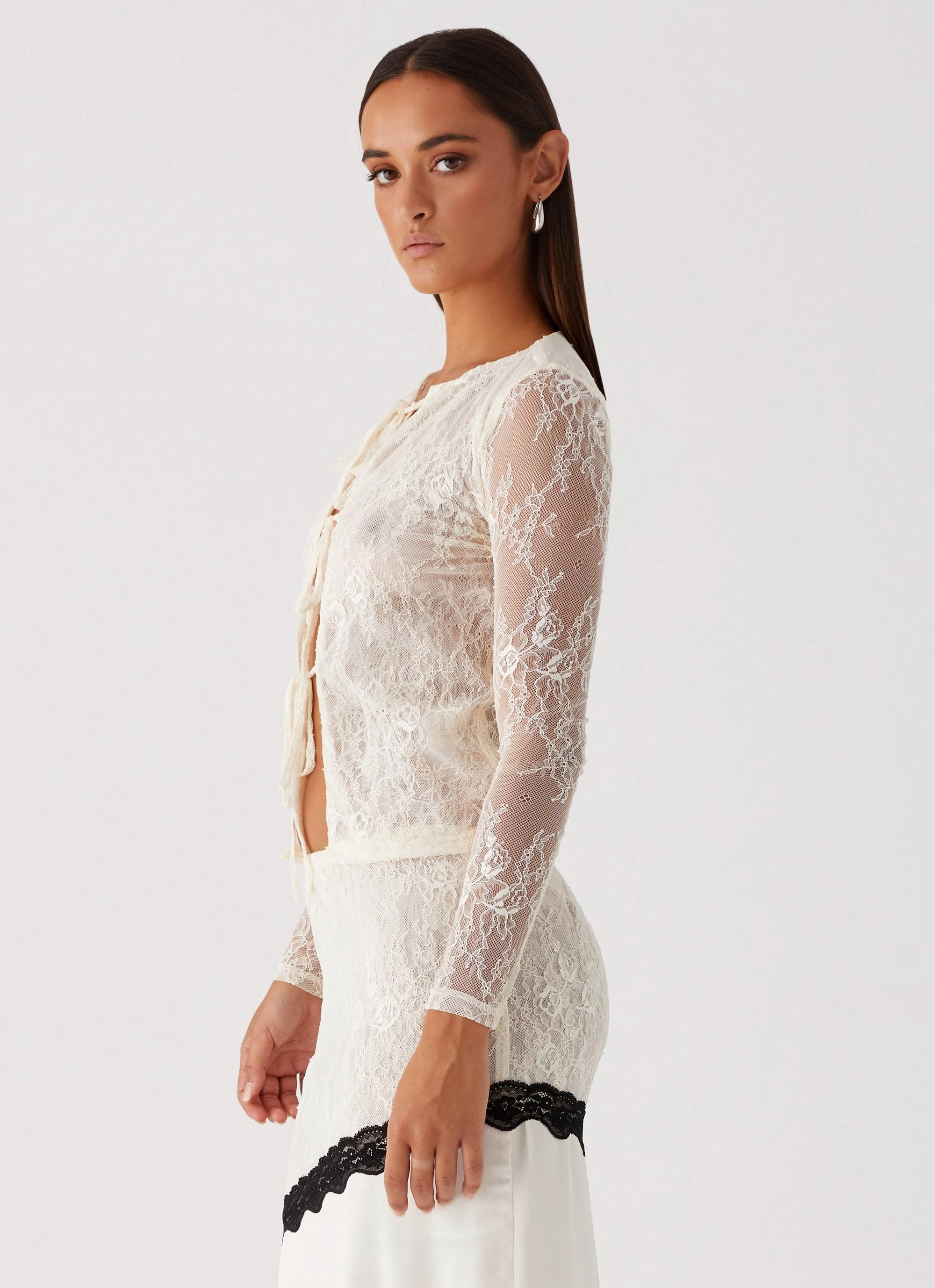 Duet Long Sleeve Top - Ivory Stretch Woven Material