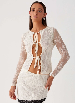 Duet Long Sleeve Top - Ivory Ribbed Collar Design