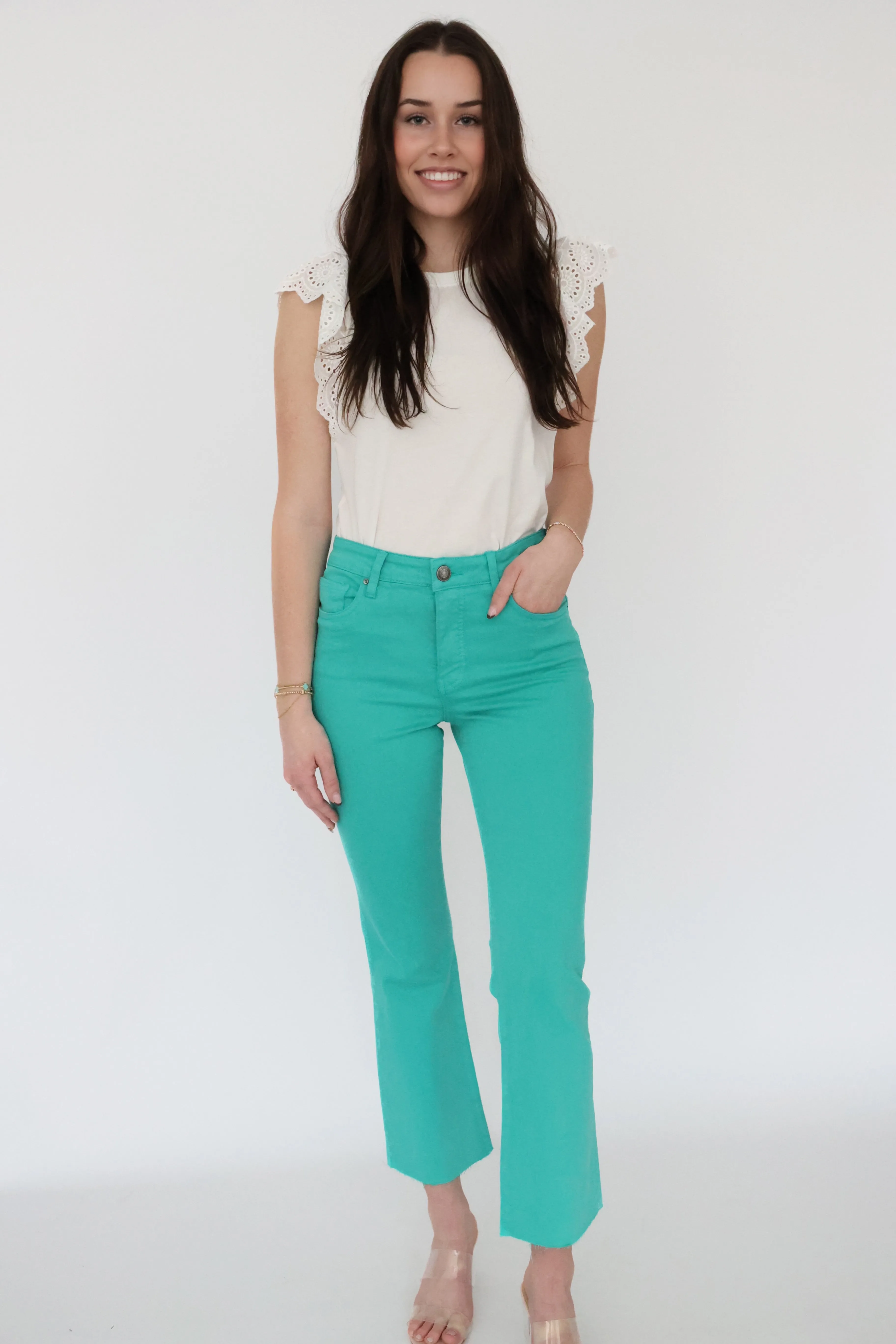 Kelsey High Rise Ankle Flare - Turquoise (FINAL SALE) Adjustable loop