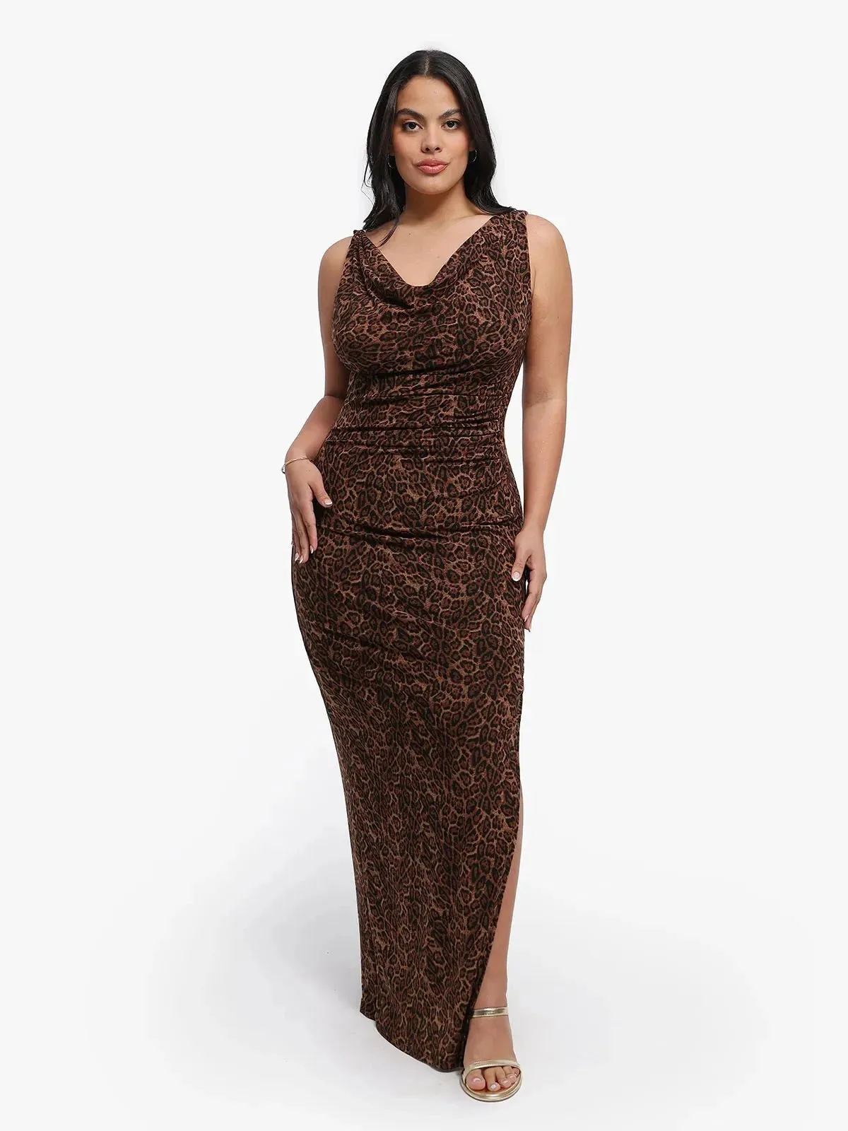 Breathable Lining SeamlessConstruction Shapewear Leopard Cowl Neck Ruched Sculpting Maxi Dress