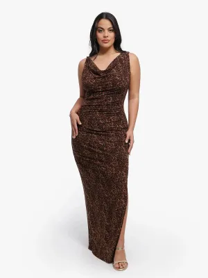 Breathable Lining SeamlessConstruction Shapewear Leopard Cowl Neck Ruched Sculpting Maxi Dress