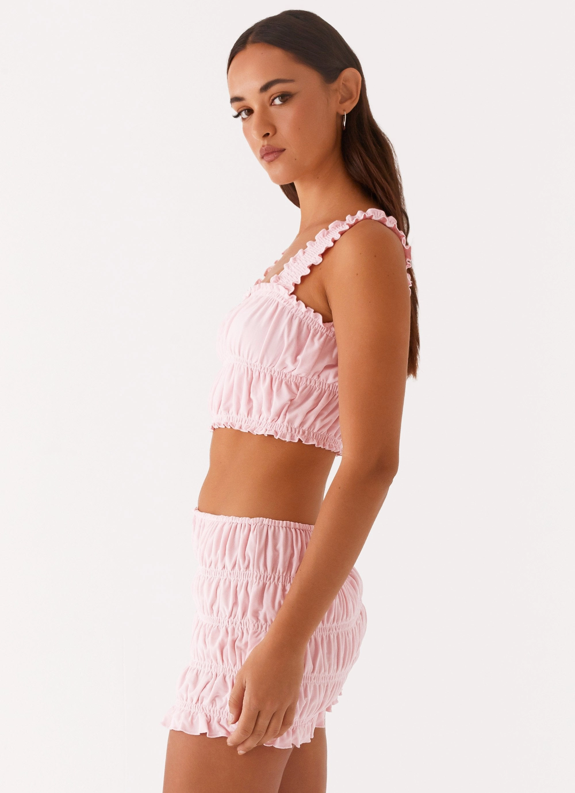 Biodegradable Fiber Blend Textured Fabric Finish Off By Heart Shirred Top - Blush