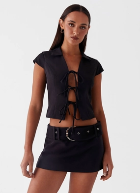Eadie Tie Front Top - Black HighDensity Weave