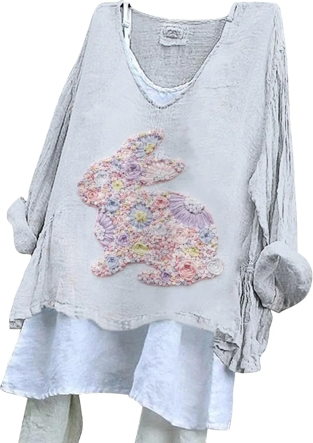 Easter Shirts for Women Trendy Summer 2025 Animal Print T-Shirts Long Sleeve Crew Neck Blouses Oversized Loose Outfits