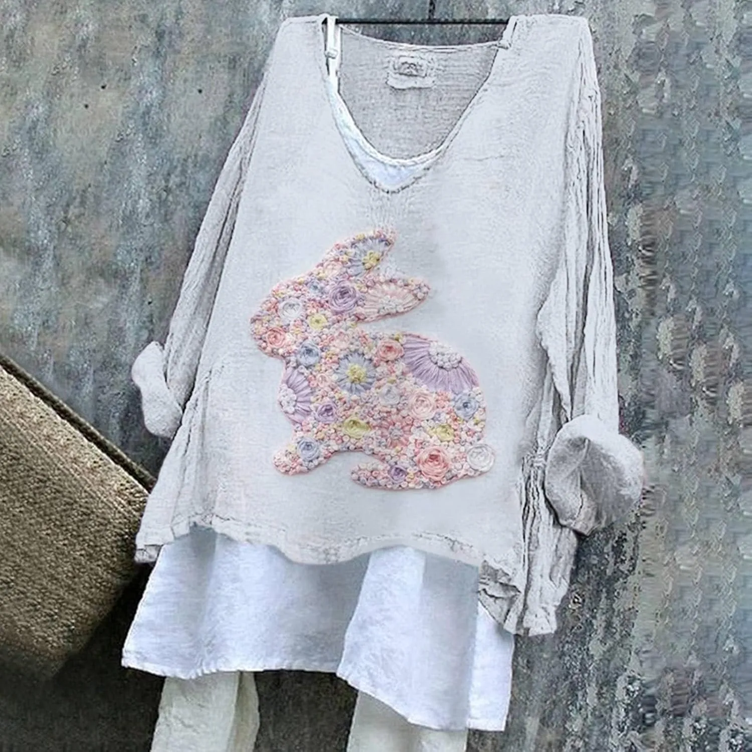 Easter Shirts for Women Trendy Summer 2025 Animal Print T-Shirts Long Sleeve Crew Neck Blouses Oversized Loose Outfits