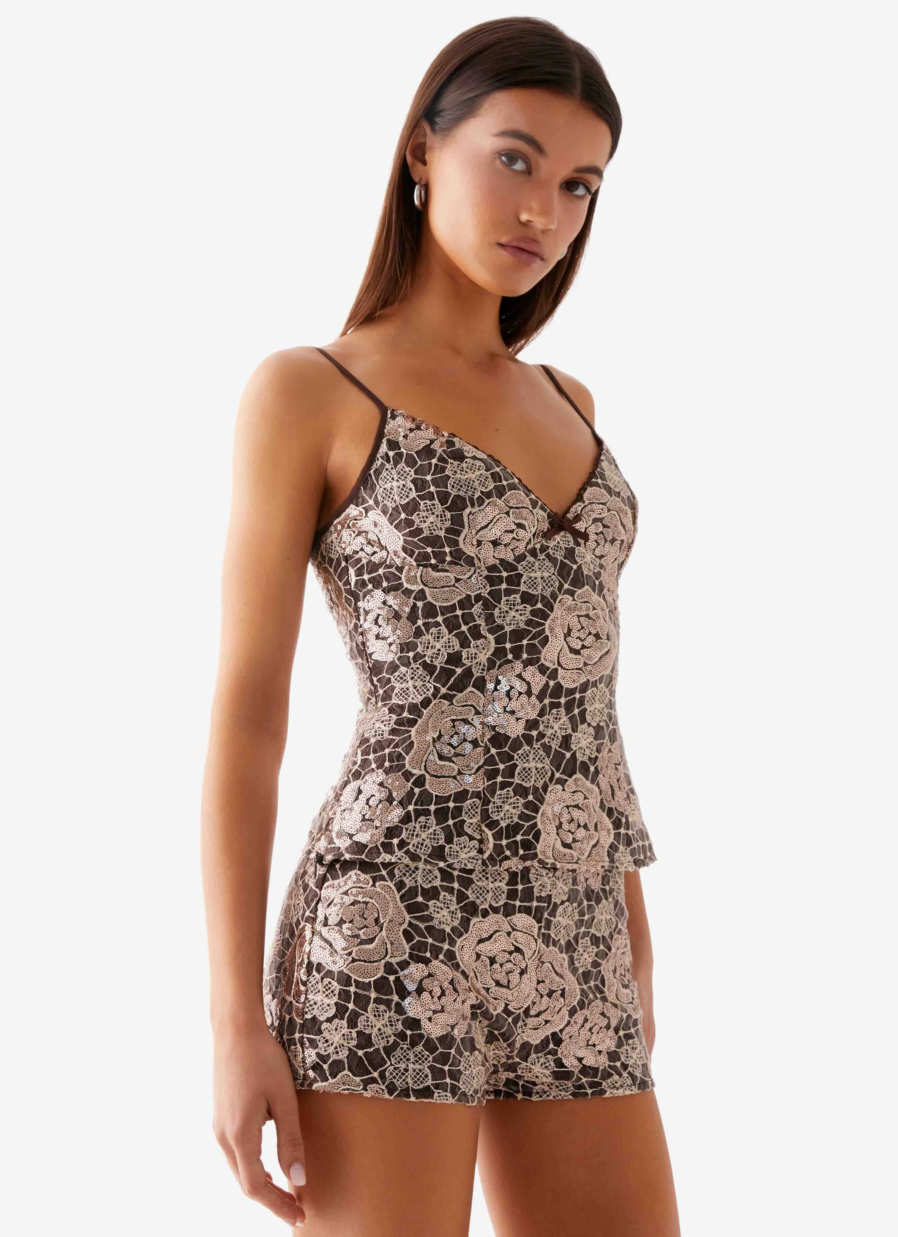 Apolina Sequin Cami Top - Chocolate Tapered Side Panels