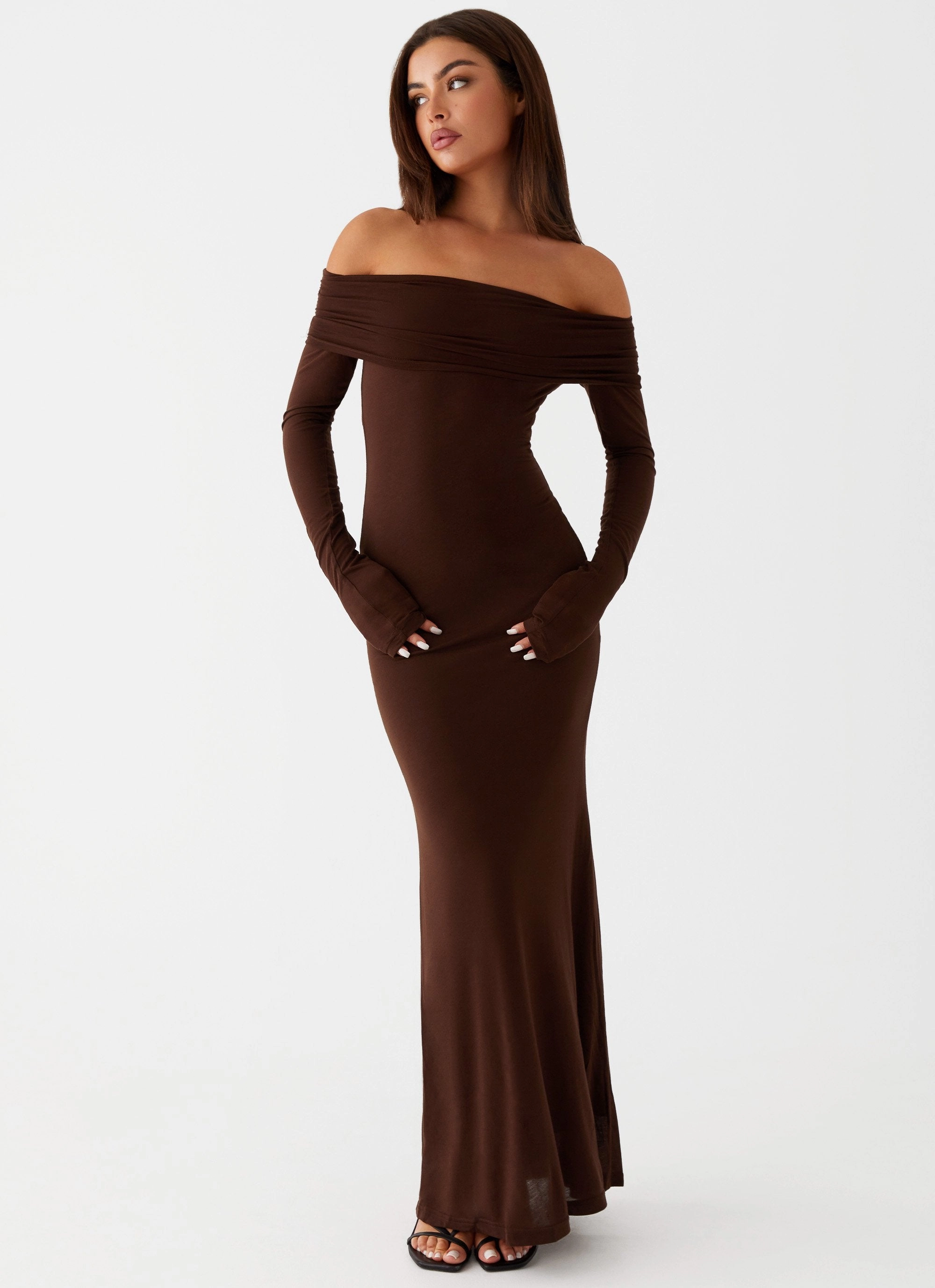 Bare Glow Retro Detail Cocoa Long Sleeve Maxi Dress - Chocolate