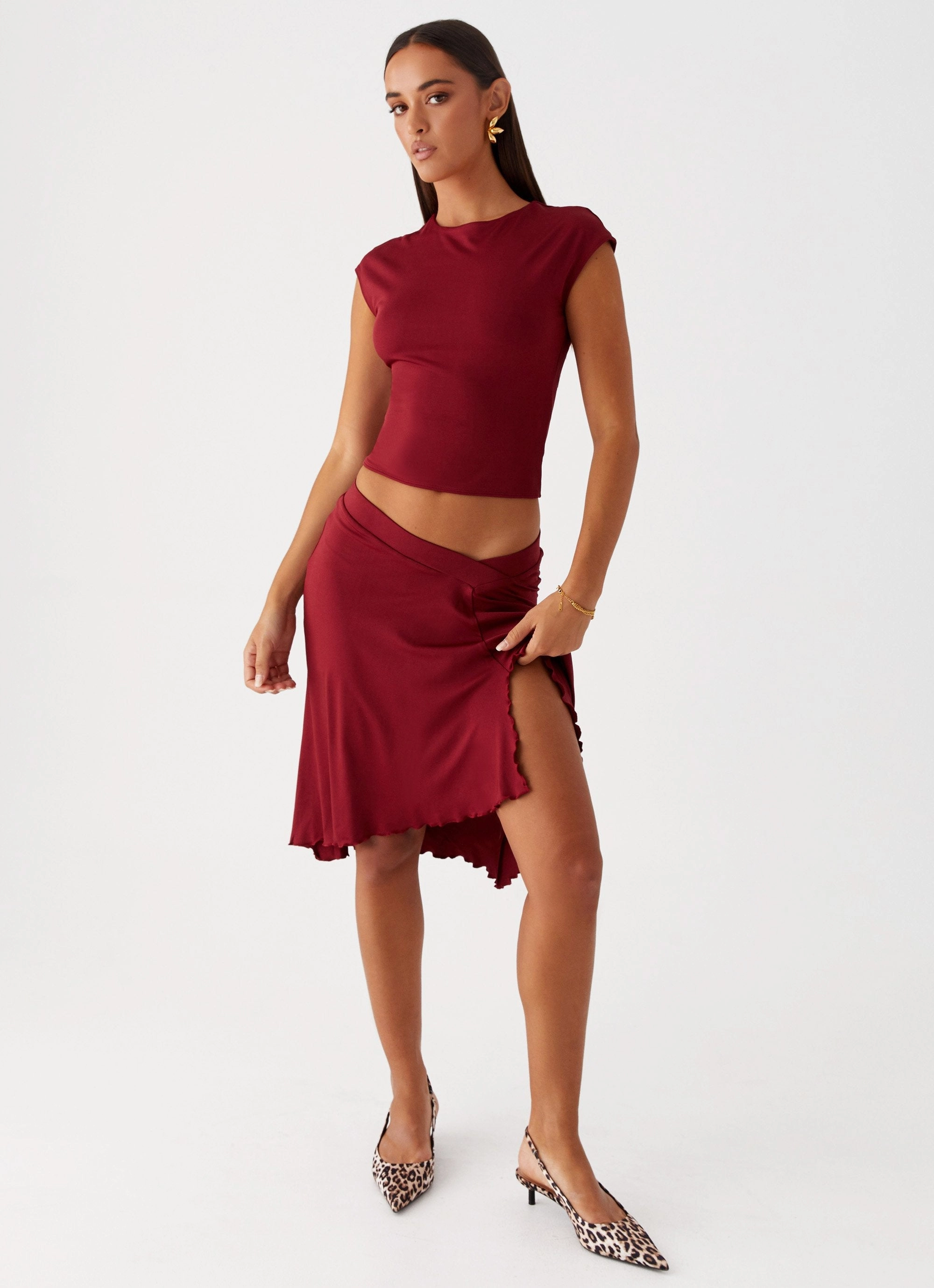 Cozy Vibe Jewel Tones Shes A Lady Midi Skirt - Red