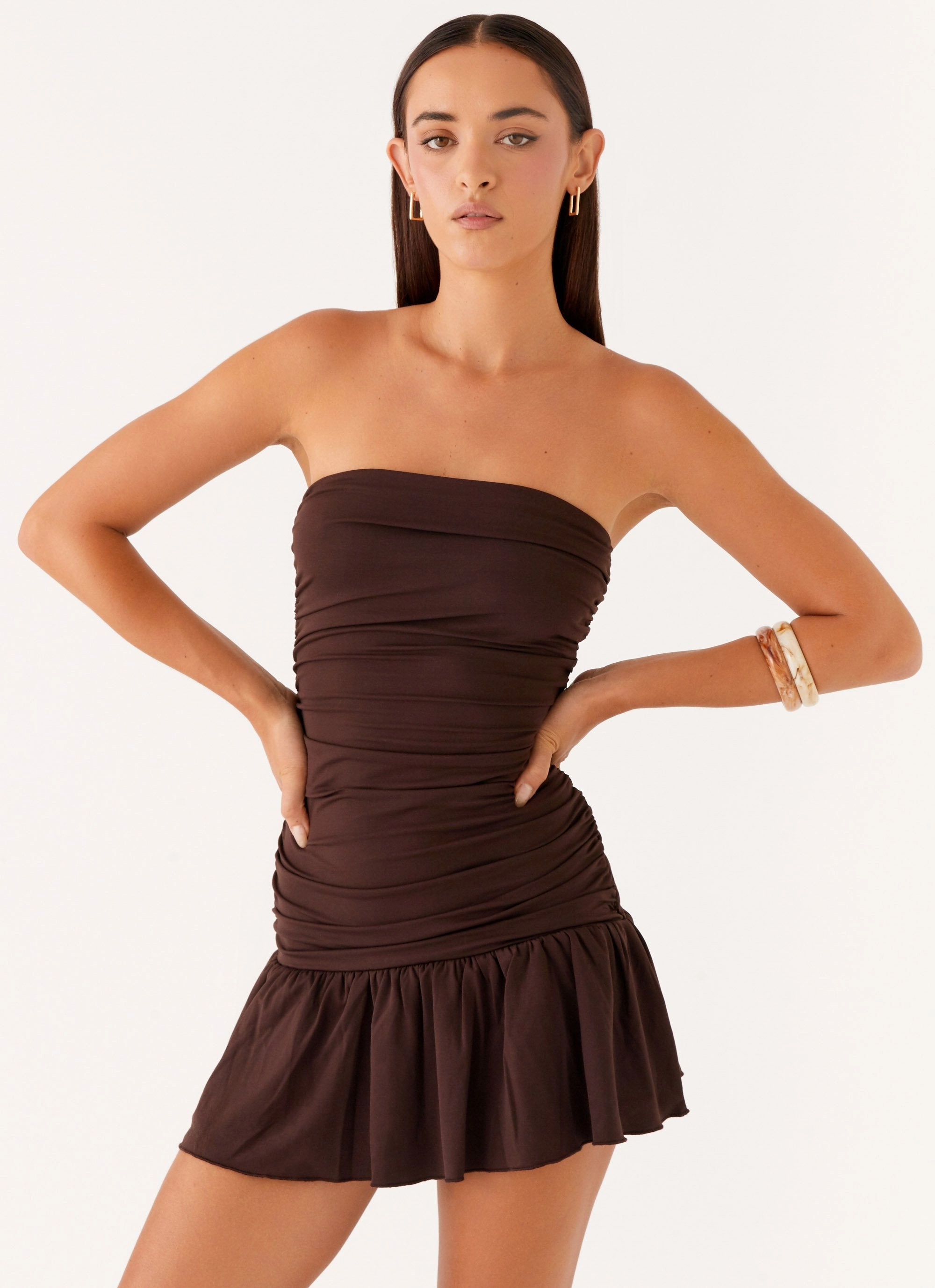 Eclair Mini Dress - Chocolate Drawstring-Waist Basic Fashion