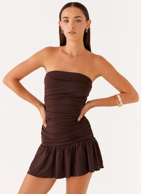 Eclair Mini Dress - Chocolate Drawstring-Waist Basic Fashion