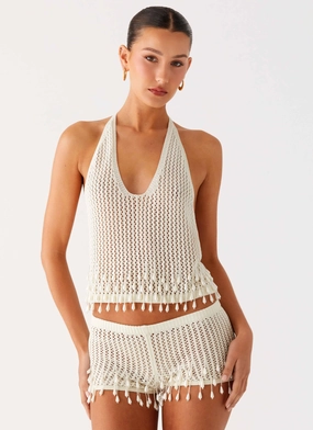 SleevelessOption Pearl Shore Beaded Crochet Top - Ivory