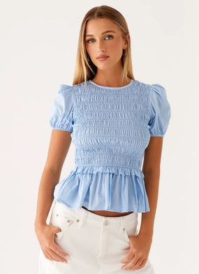 Izzy Shirred Top - Blue Roll Up Sleeve System Reflective Accent Stripes