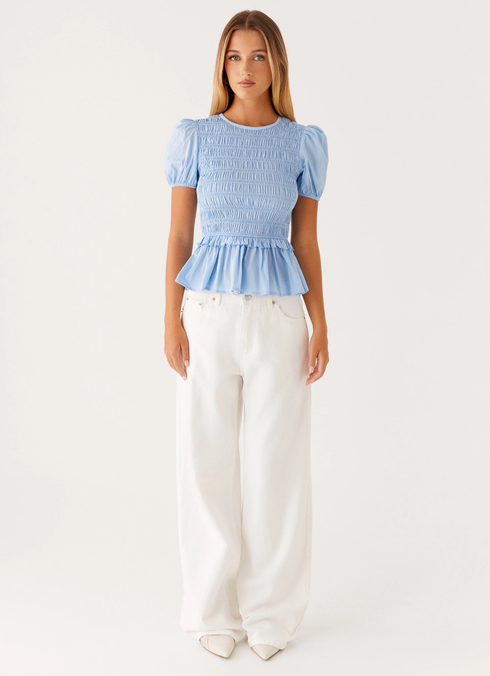 Self Fabric Tie Cooling Technology Izzy Shirred Top - Blue