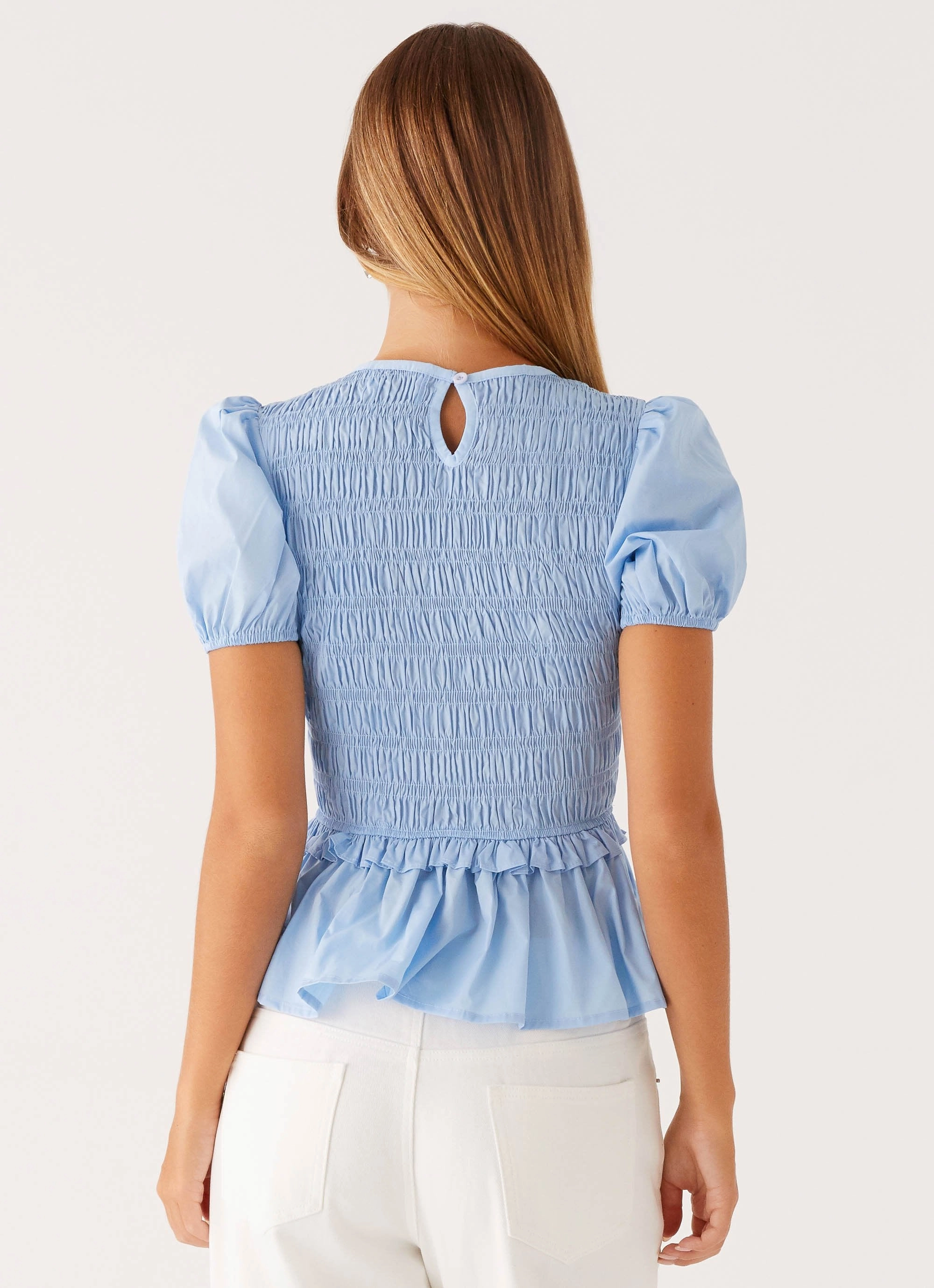 Izzy Shirred Top - Blue VersatileLayering GarmentWashed Texture