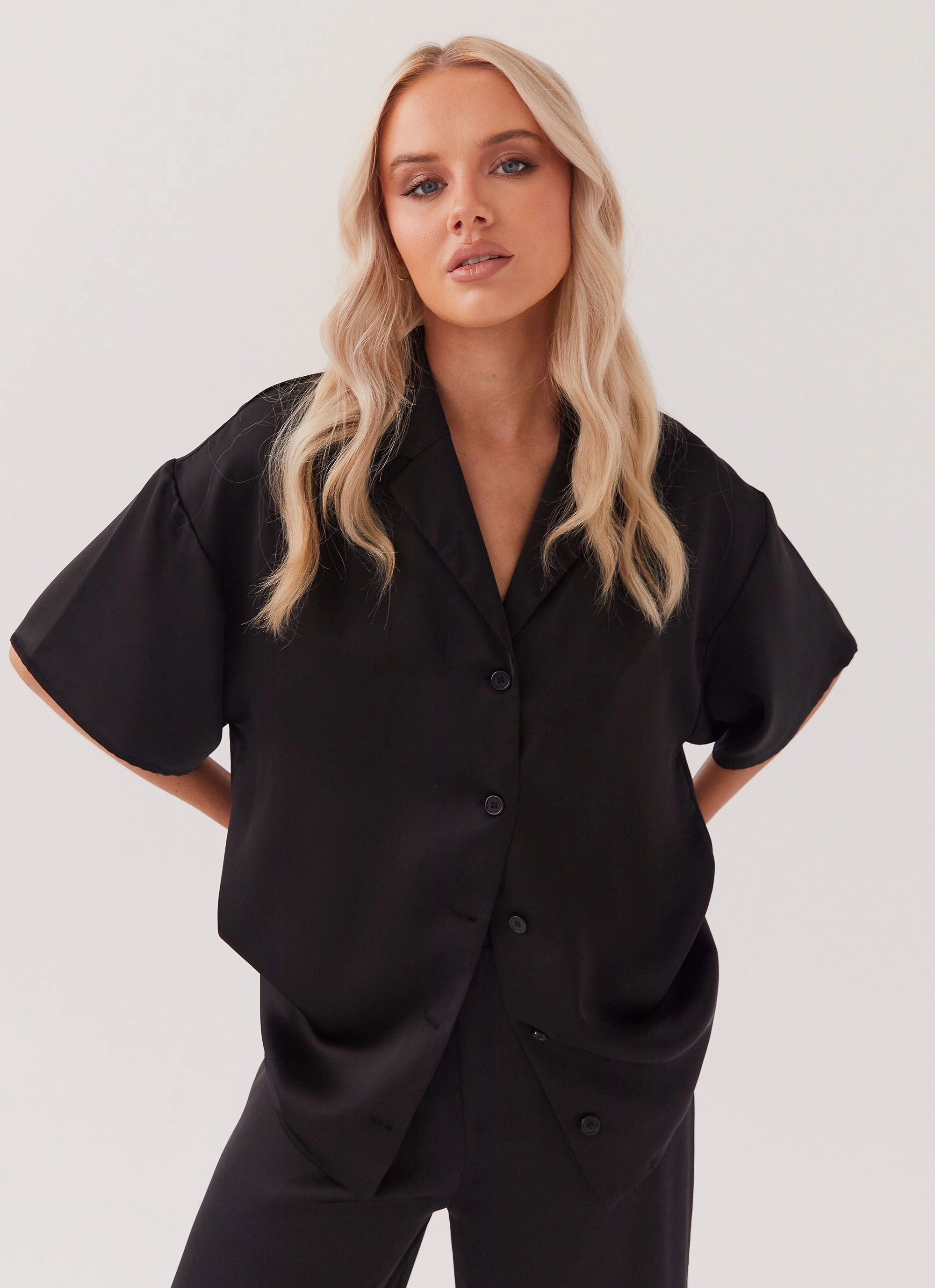 Quilted Pattern Palm Cove Satin Shirt - Black