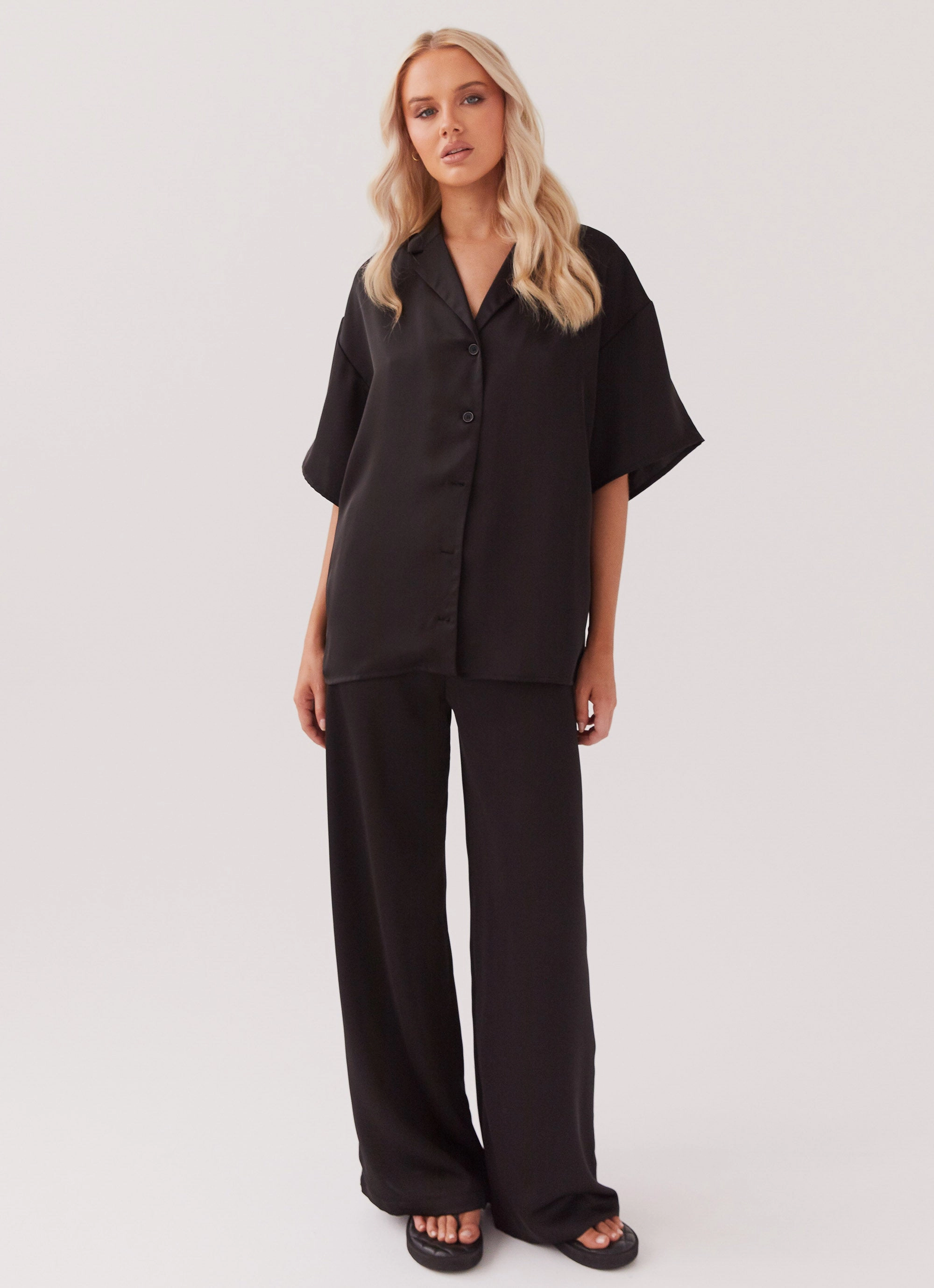 Palm Cove Satin Shirt - Black Winter Layering Piece