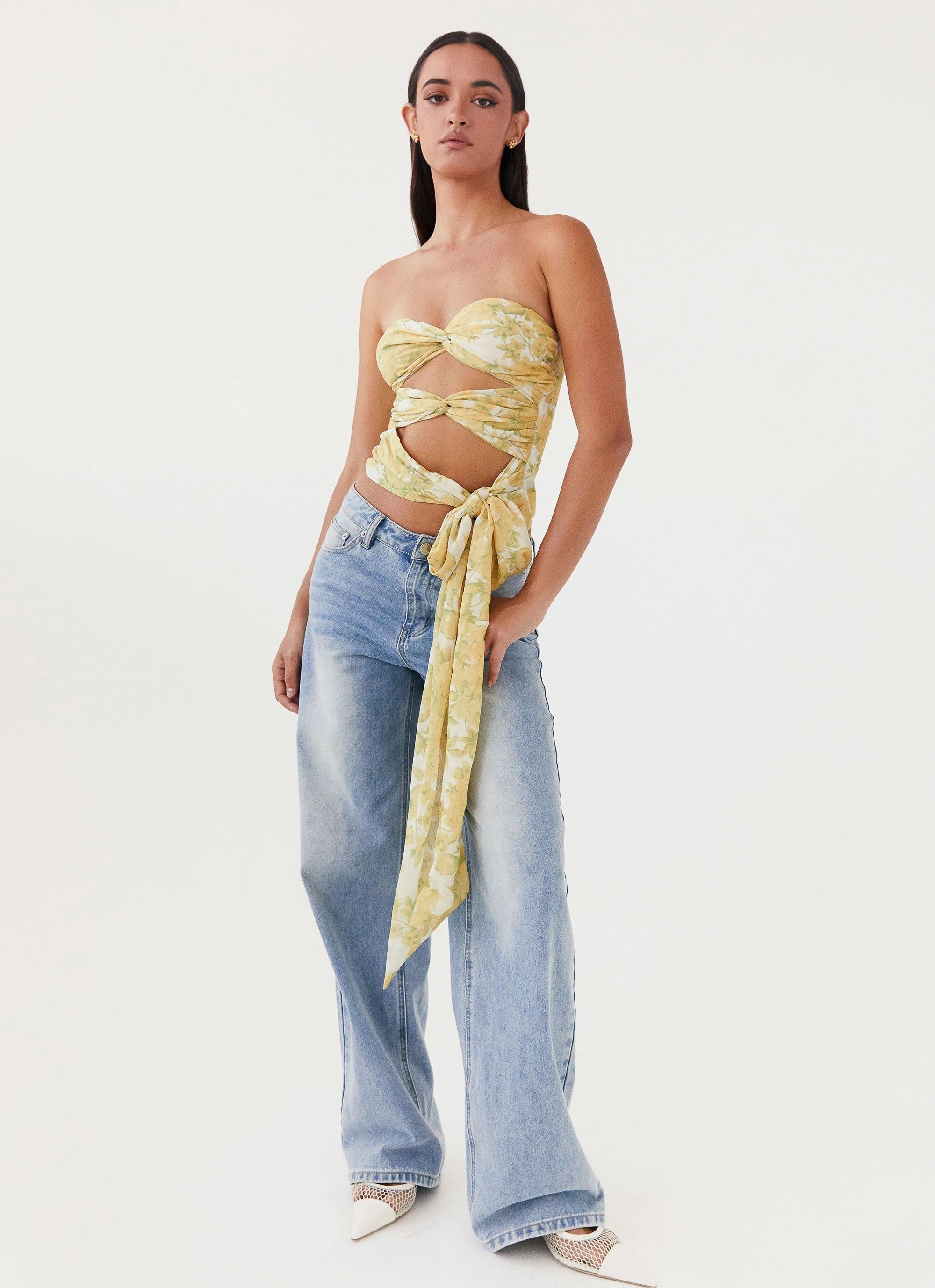 Sunlight Cascade Top - Daffodil Layered Collar Structure Relaxed Crew Neck Opening