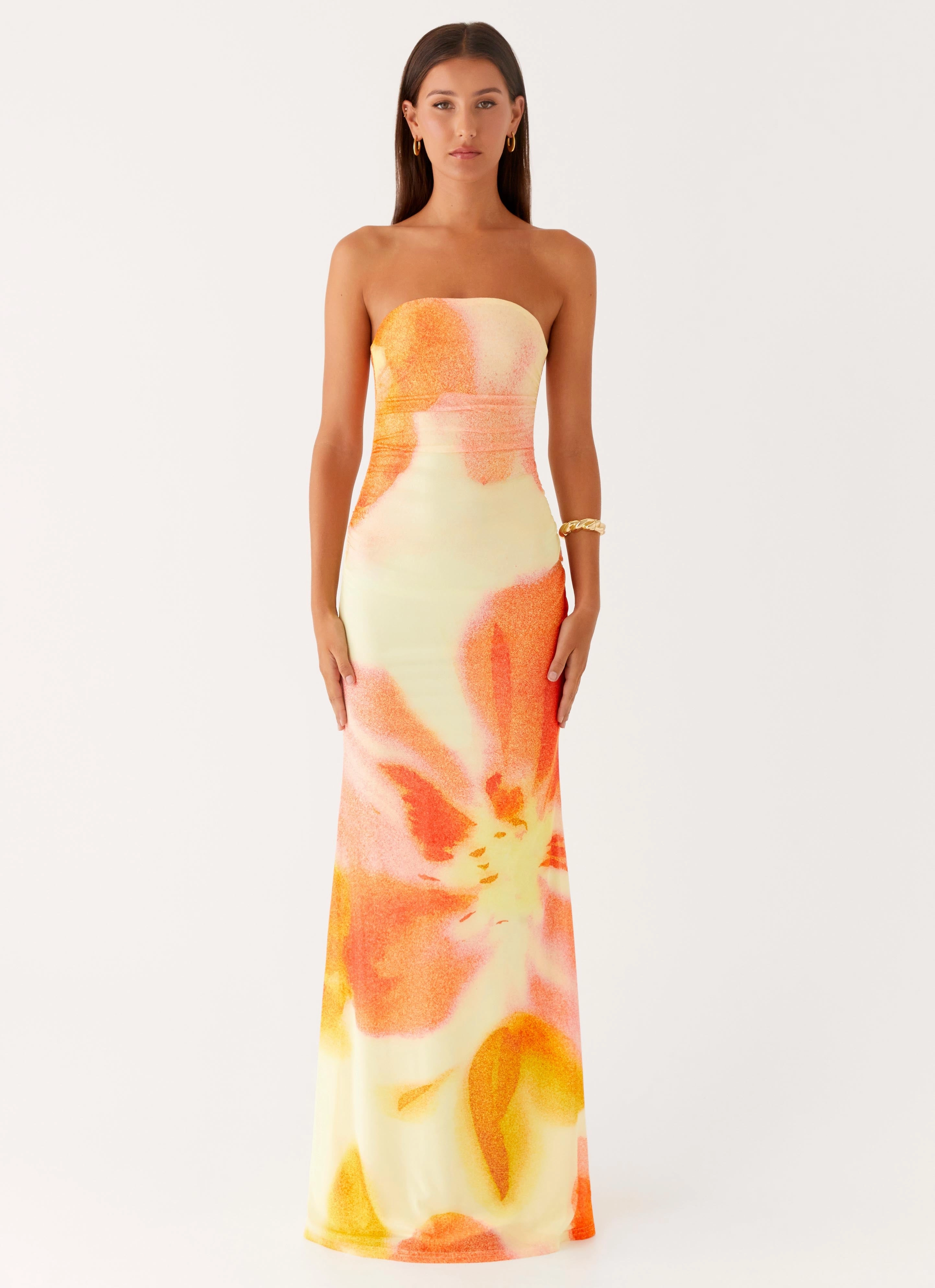 Soft Curve Side Pleats Iroha Strapless Maxi Dress - Mimosa Blossom