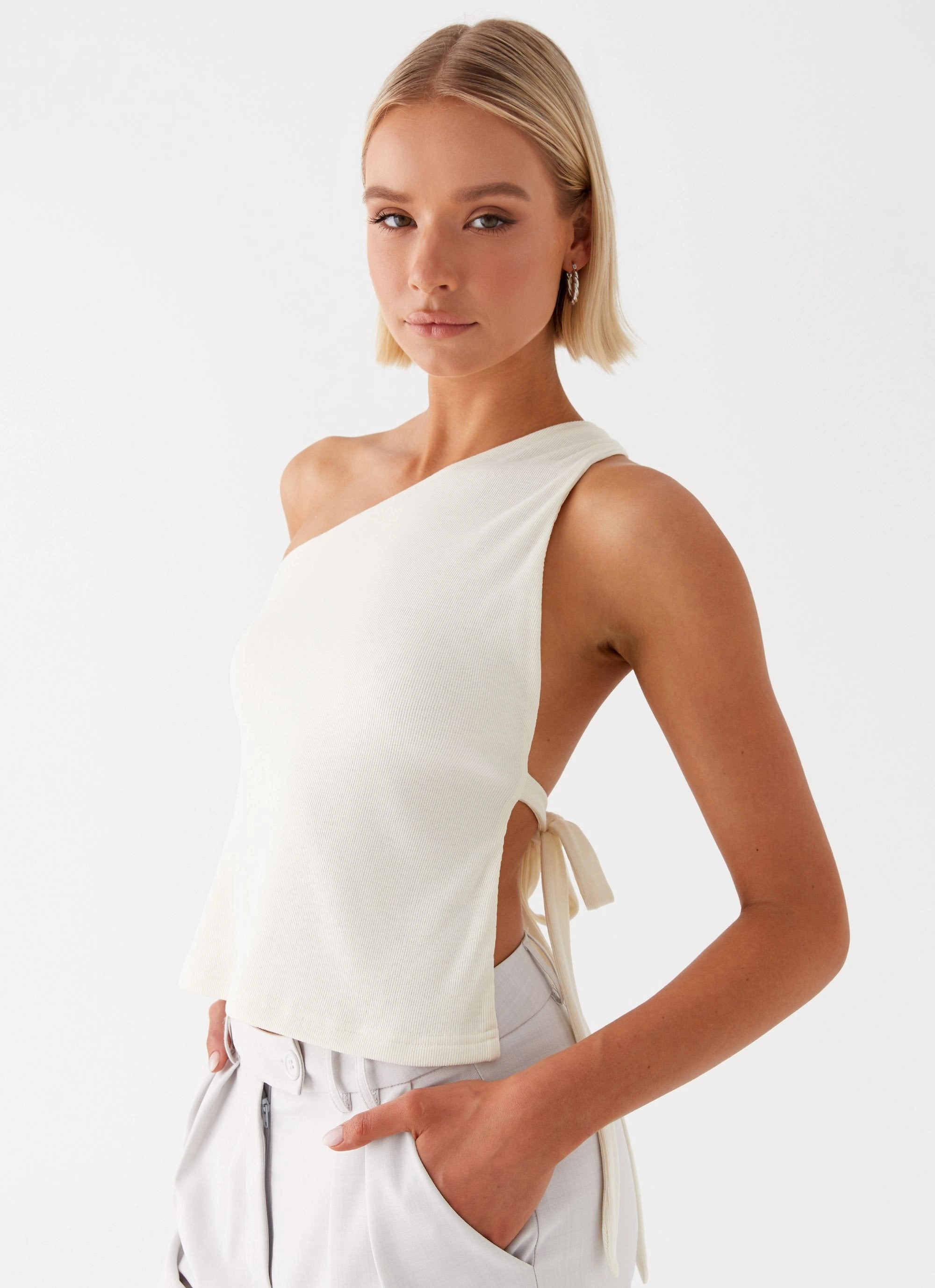 Safiya One Shoulder Top - White StretchFabric