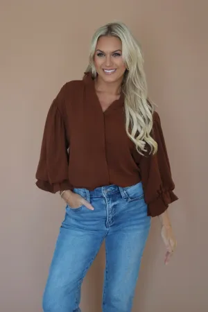 Lovely Blouse- Mocha FlexibleCollar Stretch waistband