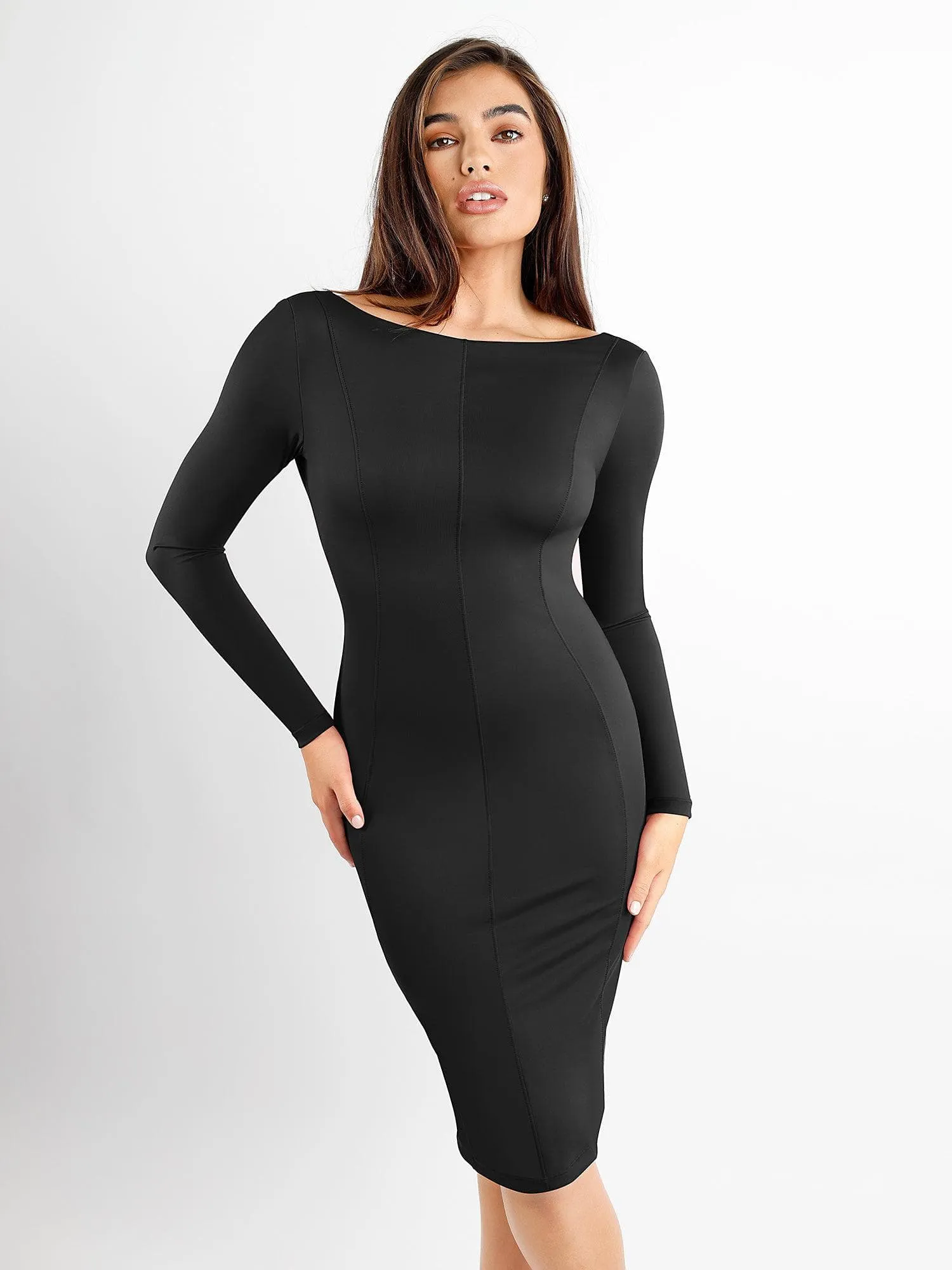 Shapewear Long Sleeve Boat Neck Sculpting Midi Dress AntiStaticTreatment Office Look
