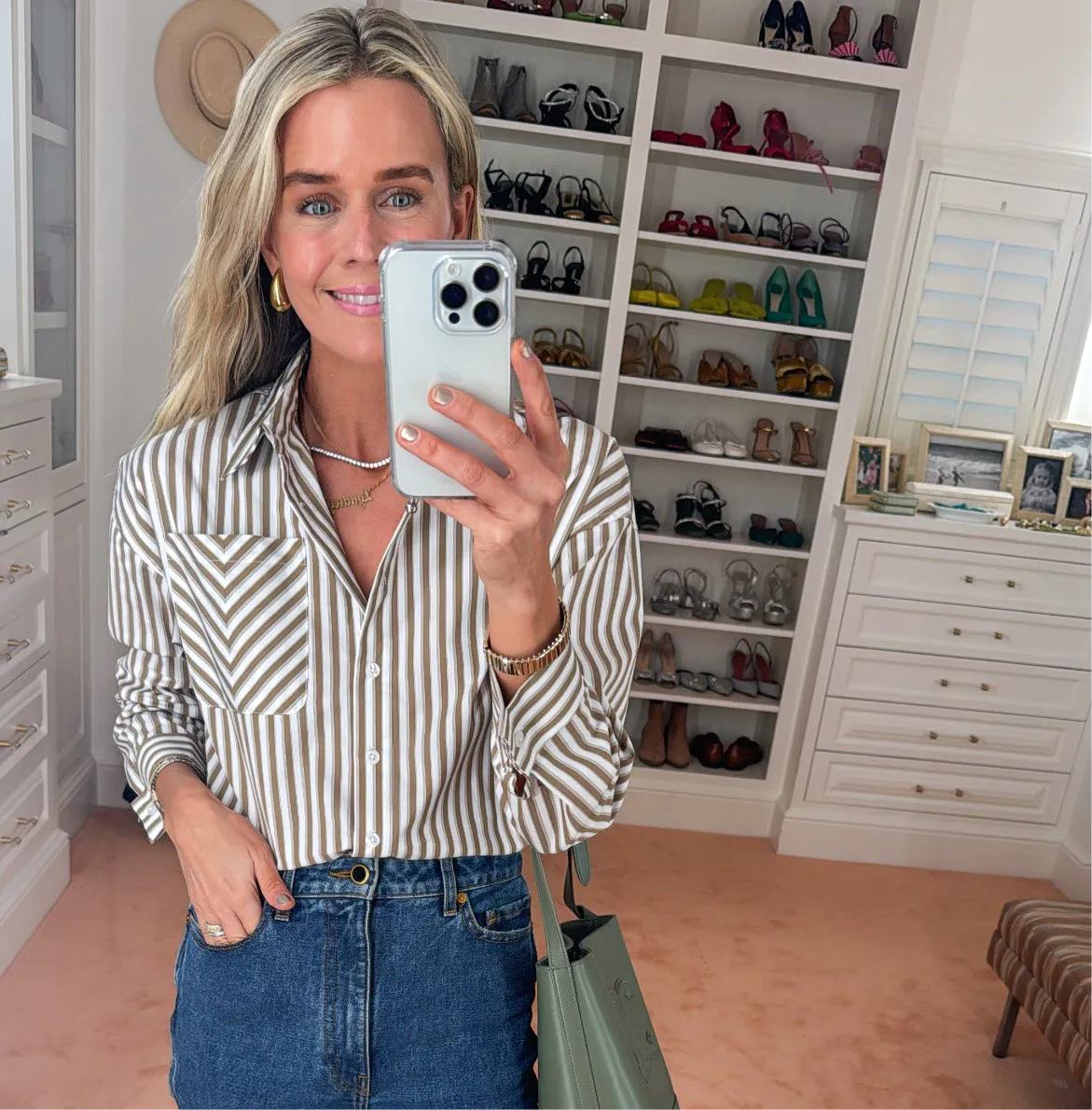 MASON'S DAUGHTER the French Cuff Boyfriend Shirt, Camel and White Striped Poplin SnagFreeFabric