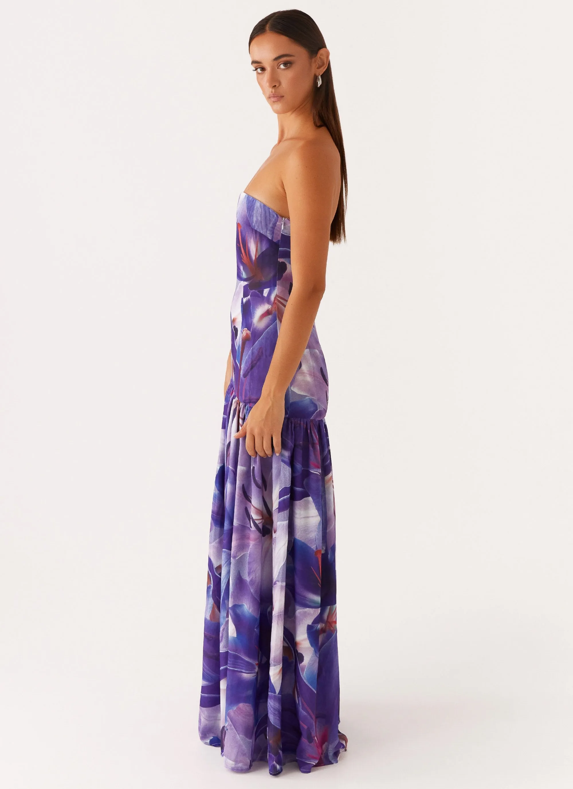 Eden Strapless Maxi Dress - Purple White Lilly Shiny surface Move Easy