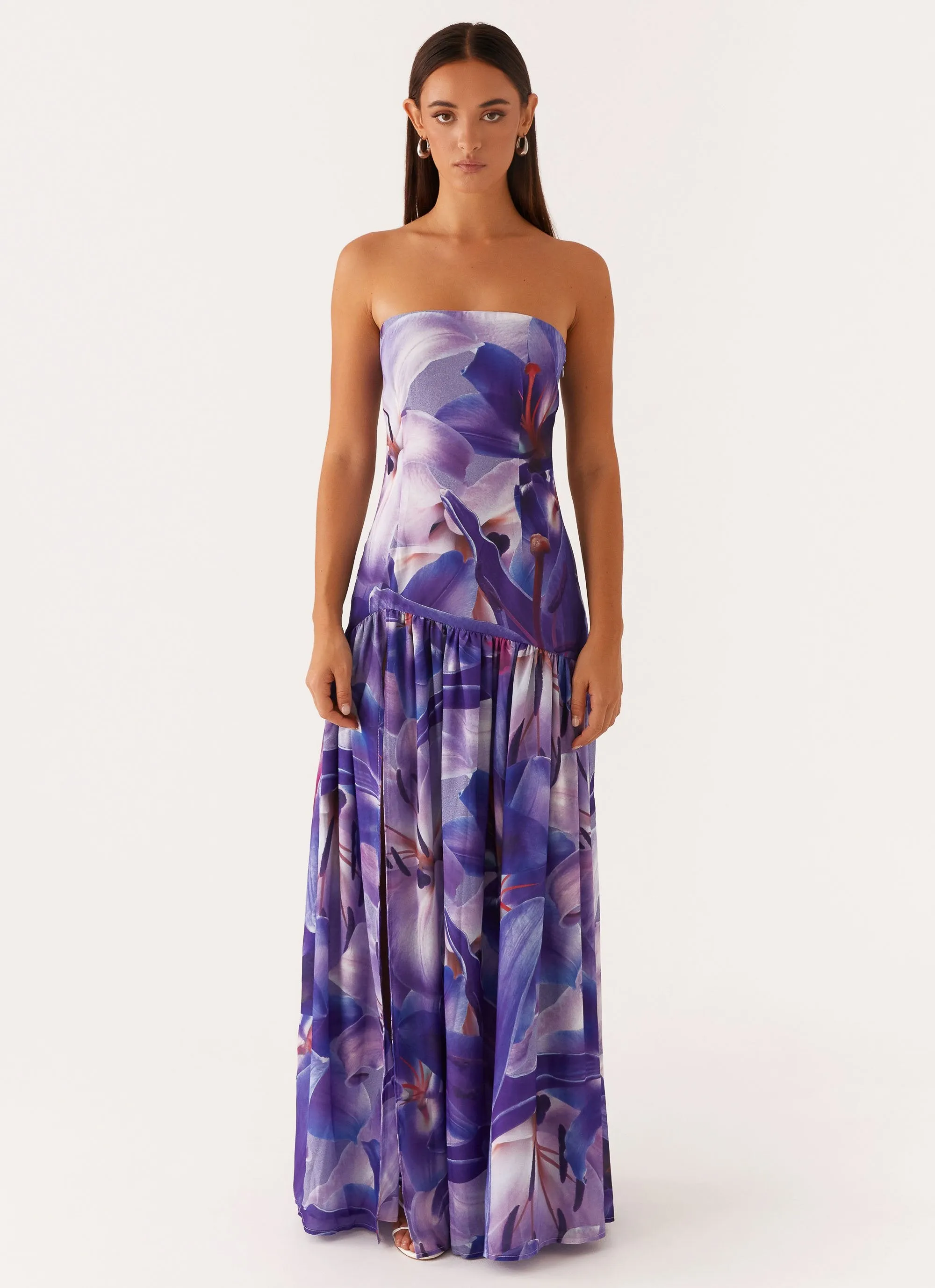 Silky-Lining Sleek Texture Eden Strapless Maxi Dress - Purple White Lilly