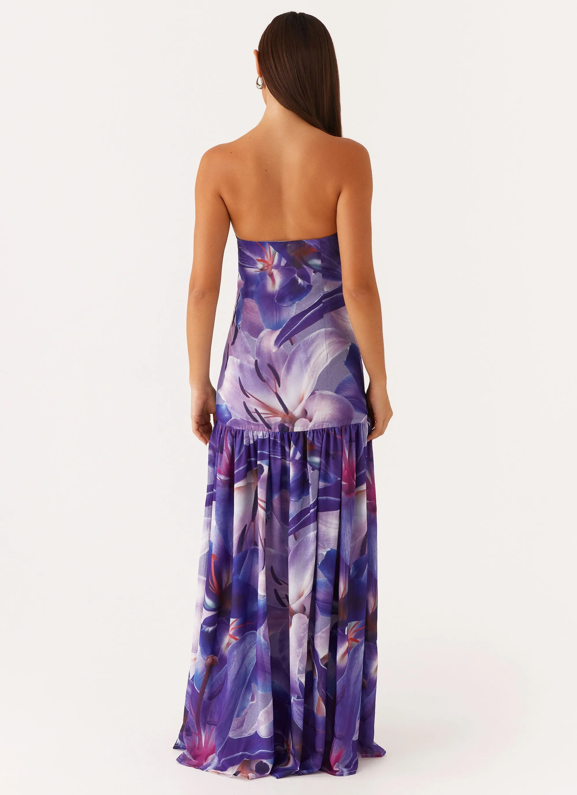 Eden Strapless Maxi Dress - Purple White Lilly Calm Style Elastic-Cuff